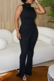 Black Slit Turtleneck Sleeveless Tops and Flared Pants Bodycon Casual Outing Two Piece Trouser Sets