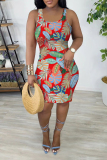 White Black Casual Tropical Leaf Print U Neck Sleeveless Bodycon Plus Size Midi Vest Dresses