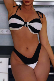 Black White Contrast Lace up Bikinis Set Swimwears Swimsuits