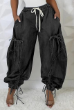Black Grey Casual Pocket Belted Tie Bow Mid Waist Drawstring Straight Harem Denim Jeans