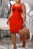 Black Casual Skeleton Hands Print U Neck Sleeveless Bodycon Plus Size Midi Vest Dresses