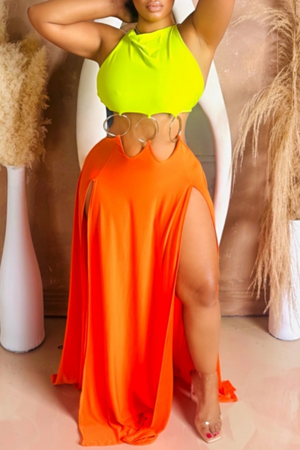 Blue Sleeveless Backless Cross Straps Cut Out Mental Ring Trim Waist High Slit Bodycon Party Vacation Maxi Slip Dresses