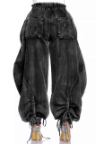 Black Grey Casual Pocket Belted Tie Bow Mid Waist Drawstring Straight Harem Denim Jeans