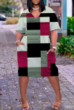 Black Grey Colorblock Print V Neck Short Sleeve with Pocket Casual Outing Plus Size Midi T-shirt Dress