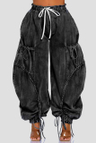 Black Grey Casual Pocket Belted Tie Bow Mid Waist Drawstring Straight Harem Denim Jeans