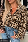 Brown Casual Leopard Print Long Sleeve Button up Ruched Loose Shirts Tops