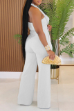 Apricot Sleeveless Backless Keyhole Cutout Knitted Casual Vacation Halter Wide Leg Jumpsuits