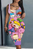 Light Blue Casual Cartoon Print U Neck Sleeveless Bodycon Plus Size Midi Vest Dresses