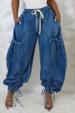 Black Grey Casual Pocket Belted Tie Bow Mid Waist Drawstring Straight Harem Denim Jeans