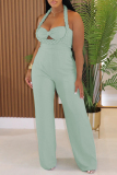 Apricot Sleeveless Backless Keyhole Cutout Knitted Casual Vacation Halter Wide Leg Jumpsuits