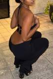 Black Sleeveless Backless Belted Cut Out Mental Accessories Trim Bodycon Party Club Wear Halter Jumpsuits