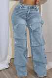 Blue Zipper High Waist Pocket Buttons Patchwork Casual Loose Straight Leg Cargo Denim Jeans