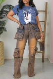 Light Blue Casual Mid Waist with Pocket Straight Cargo Denim Jeans