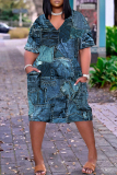 Black Grey Colorblock Print V Neck Short Sleeve with Pocket Casual Outing Plus Size Midi T-shirt Dress