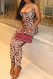Leopard Print Square Neck Sleeveless Backless Skinny Party Club Wear Cami Jumpsuits