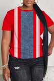 Red Casual Striped Print O Neck Short Sleeve Plus Size T-Shirts Tops