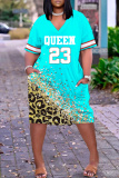 Light Blue Letter Leopard Print V Neck Short Sleeve with Pocket Casual Outing Plus Size Midi T-shirt Dress