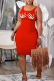 Black Casual Skeleton Hands Print U Neck Sleeveless Bodycon Plus Size Midi Vest Dresses