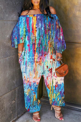 Blue Casual Abstract Print Off Shoulder Long Lantern Sleeve Loose Plus Size Overall Jumpsuits