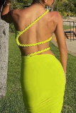 Green Twist Rope One Shoulder Sleeveless Backless Crop Tops and Cut Out Maxi Skirts Bodycon Party Vacation Two Piece Dress Sets