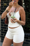 White V Neck Sleeveless Backless Cami Tops and Skinny Shorts Fitted Casual Sportwear Two Piece Short Sets