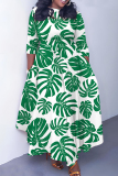 White Tropical Leaf Print O Neck 3/4 Sleeve Belted Fitted A-line Casual Vacation Plus Size Maxi Dresses