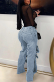 Blue Zipper High Waist Pocket Buttons Patchwork Casual Loose Straight Leg Cargo Denim Jeans