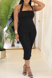 Black Casual Sleeveless Backless Halter Tops and Flared Capri Pants Bodycon Two Piece Trouser Sets
