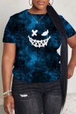 Blue Casual Graphic Print O Neck Short Sleeve Plus Size T-Shirts Tops