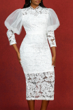 White Lace Round Neck Long Hubble-Bubble Sleeve Bodycon Celebrities Party Club Wear Evening Long Dresses