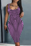 Khaki Abstract Stripe Print U Neck Sleeveless Bodycon Plus Size Midi Vest Dresses
