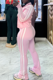 White Striped Casual Sportswear Stand-up Collar Long Sleeve Zipper Jackets Tube Tops and Flared Panst Three Piece Trouser Sets