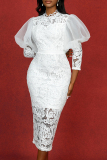White Lace Round Neck Long Hubble-Bubble Sleeve Bodycon Celebrities Party Club Wear Evening Long Dresses