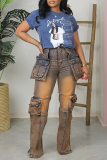 Light Blue Casual Mid Waist with Pocket Straight Cargo Denim Jeans