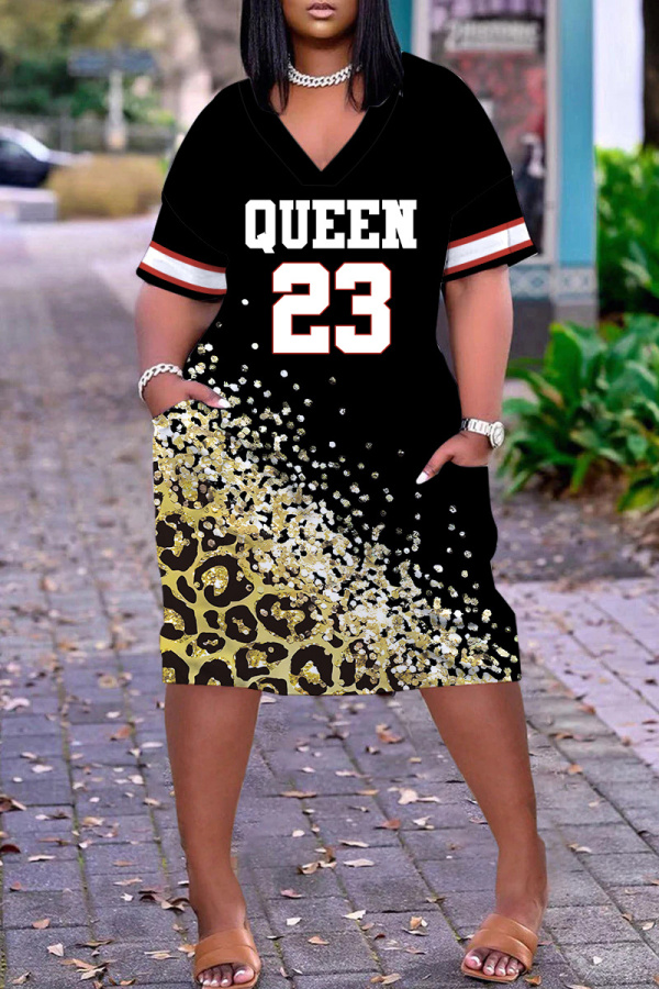 Light Blue Letter Leopard Print V Neck Short Sleeve with Pocket Casual Outing Plus Size Midi T-shirt Dress