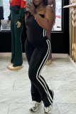 White Striped Casual Sportswear Stand-up Collar Long Sleeve Zipper Jackets Tube Tops and Flared Panst Three Piece Trouser Sets