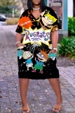 Light Blue Cartoon Print V Neck Short Sleeve with Pocket Casual Outing Plus Size Midi T-shirt Dress