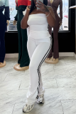 White Striped Casual Sportswear Stand-up Collar Long Sleeve Zipper Jackets Tube Tops and Flared Panst Three Piece Trouser Sets