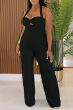 Apricot Sleeveless Backless Keyhole Cutout Knitted Casual Vacation Halter Wide Leg Jumpsuits