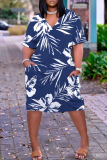 Red Graphic Floral Leaf Print V Neck Short Sleeve with Pocket Casual Outing Plus Size Midi T-shirt Dress