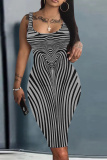 Khaki Abstract Stripe Print U Neck Sleeveless Bodycon Plus Size Midi Vest Dresses
