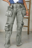 Light Blue Casual Mid Waist with Pocket Straight Cargo Denim Jeans
