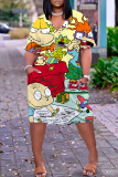 Light Blue Cartoon Print V Neck Short Sleeve with Pocket Casual Outing Plus Size Midi T-shirt Dress