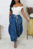 Black Grey Casual Pocket Belted Tie Bow Mid Waist Drawstring Straight Harem Denim Jeans