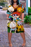 Light Blue Cartoon Print V Neck Short Sleeve with Pocket Casual Outing Plus Size Midi T-shirt Dress