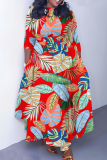 White Tropical Leaf Print O Neck 3/4 Sleeve Belted Fitted A-line Casual Vacation Plus Size Maxi Dresses
