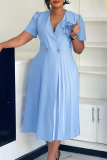 Light Blue V Neck Short Sleeve Button up 3D Flower Decor Pleated Fitted Party Evening Maxi Dresses