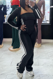 White Striped Casual Sportswear Stand-up Collar Long Sleeve Zipper Jackets Tube Tops and Flared Panst Three Piece Trouser Sets