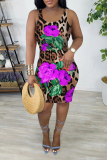 Red Casual Leopard Floral Print U Neck Sleeveless Bodycon Plus Size Midi Vest Dresses