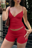 White V Neck Sleeveless Backless Cami Tops and Skinny Shorts Fitted Casual Sportwear Two Piece Short Sets